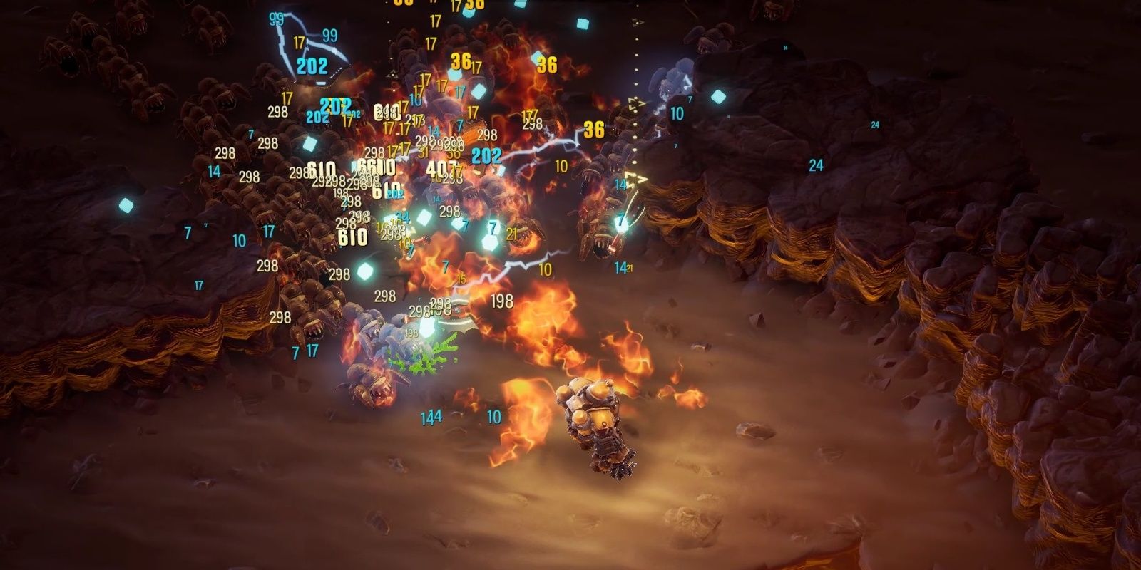 Deep Rock Galactic Survivor The Driller being chased by a swarm of enemies