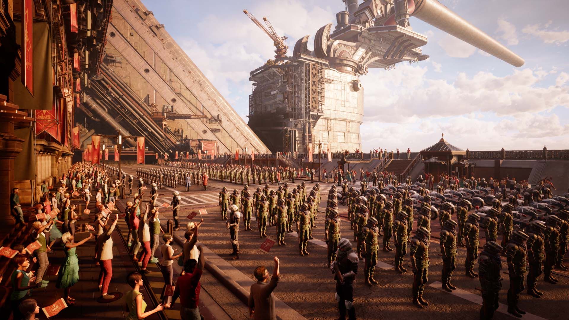 An aerial view of the parade ceremony commencing in Junon in FF7 Rebirth
