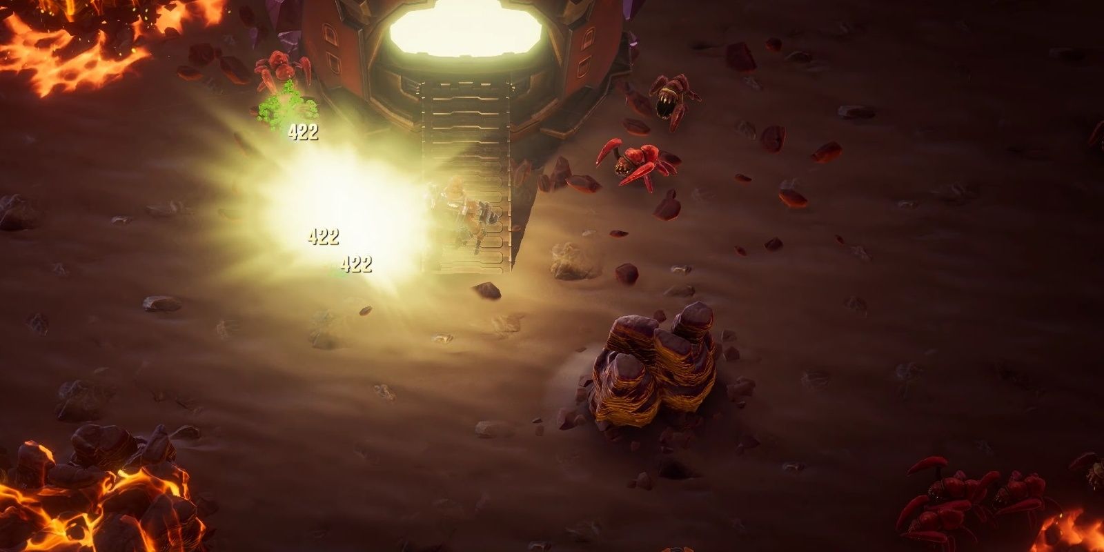 Deep Rock Galactic Survivor The Engineer runs into the dropship, an explosion detonating on his left