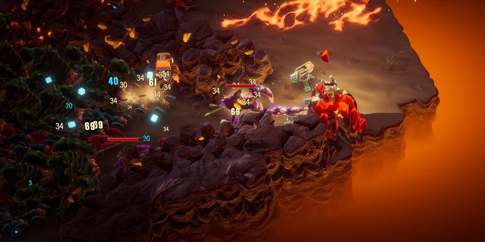 Deep Rock Galactic Survivor Engineer's turrets aim down a bottleneck, shooting into a swarm of bugs