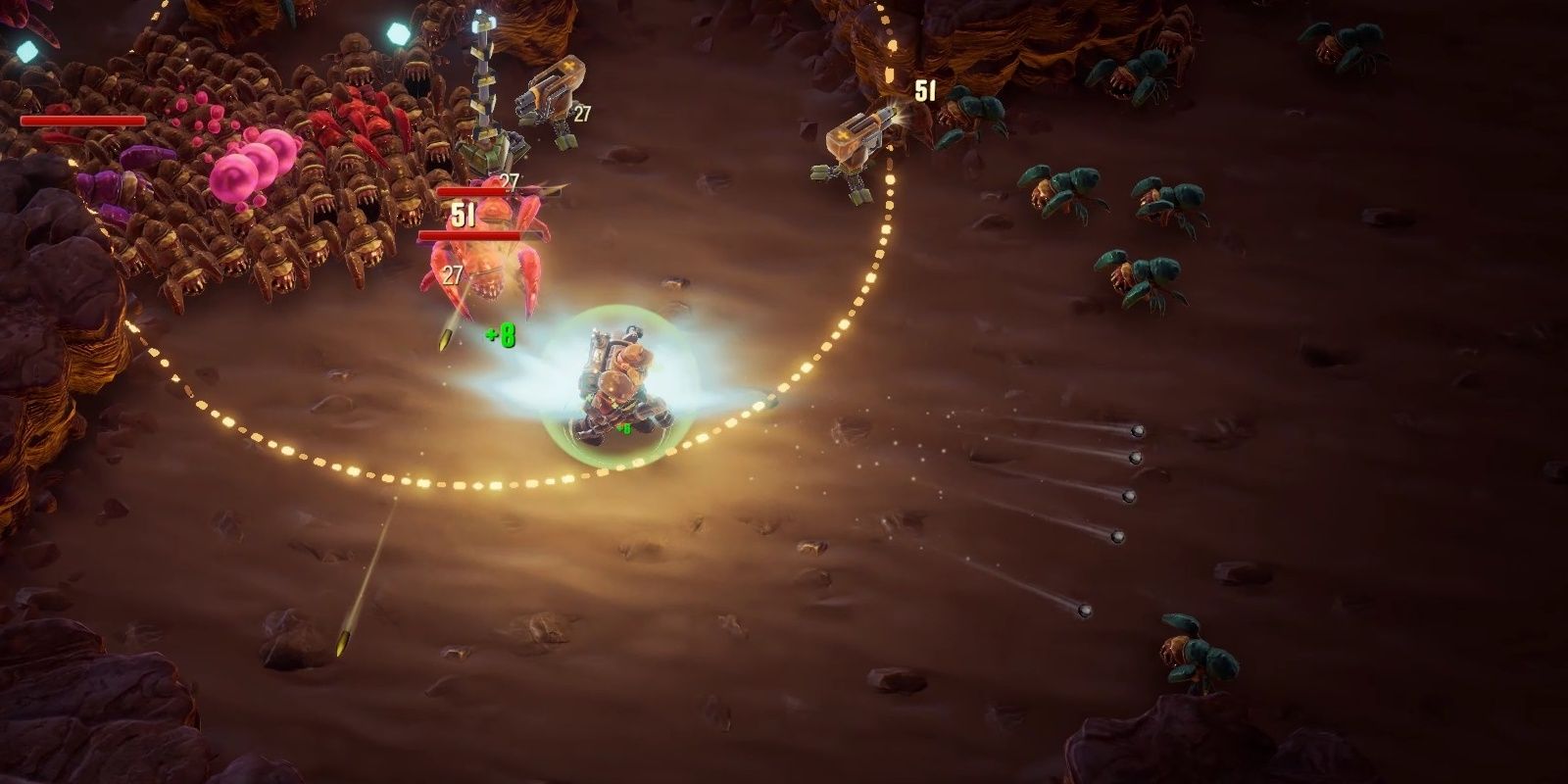 Deep Rock Galactic Survivor  The Engineer being chased by a swarm while in a golden circle