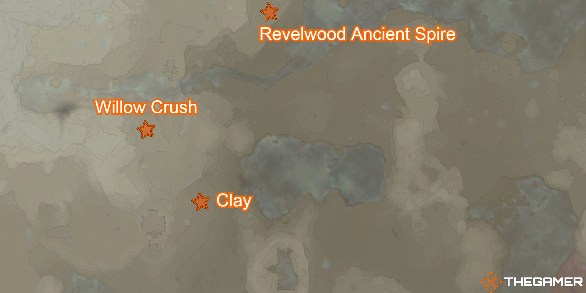 enshrouded map marking revelwood spire, willow crush, and clay location