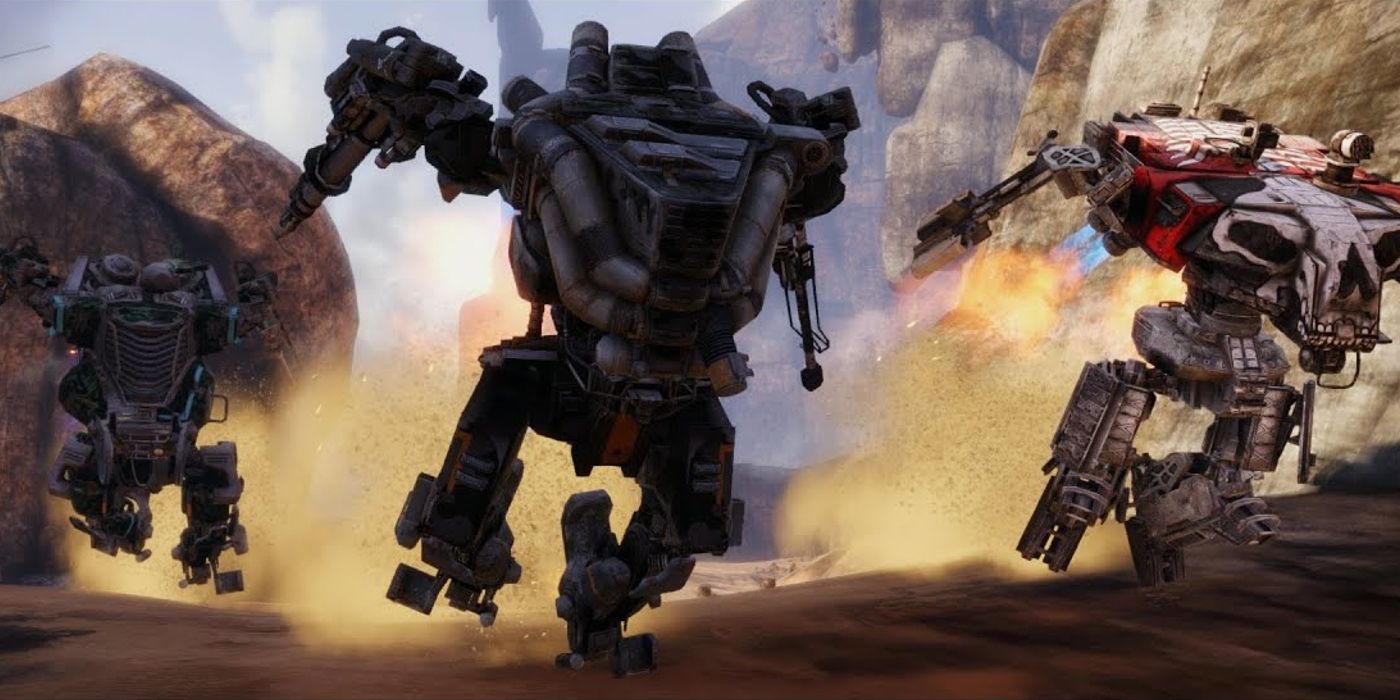 Trio of Hawken Mechs Gliding Through Desert