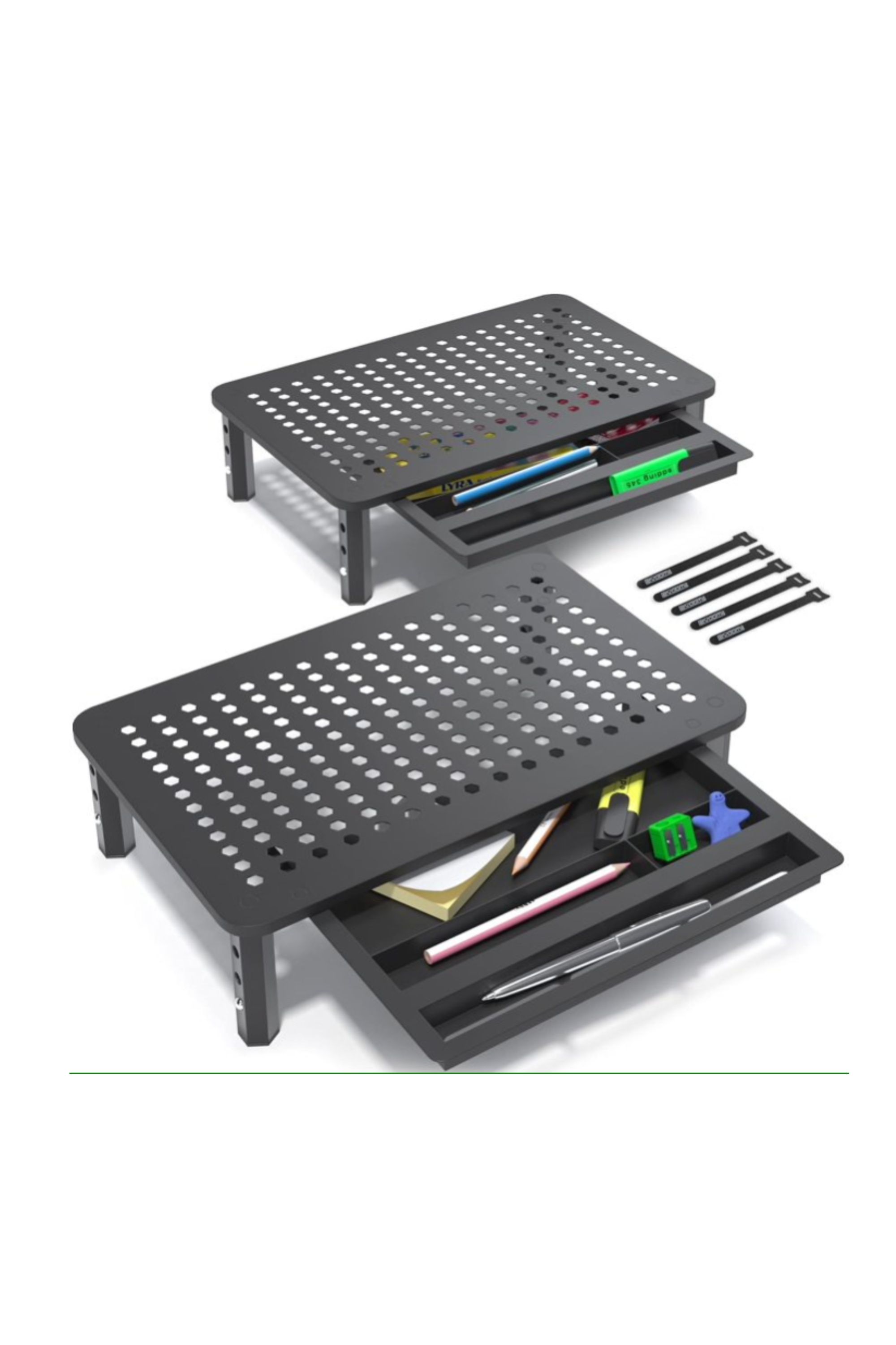 A two pack of EVOOMI Back Saver monitor stands with drawers open to show their storage space.