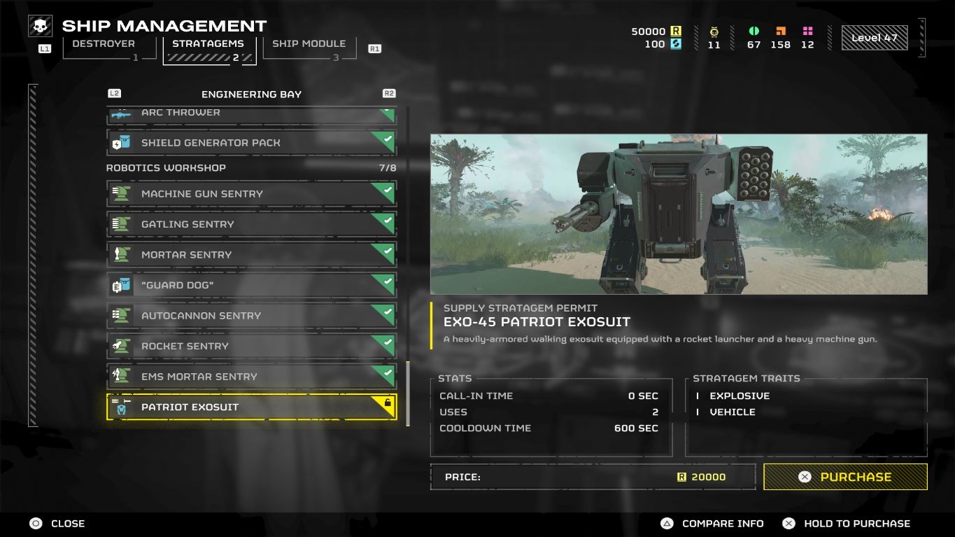 EXO-45 Patriot Exosuit purchase screen in Helldivers 2