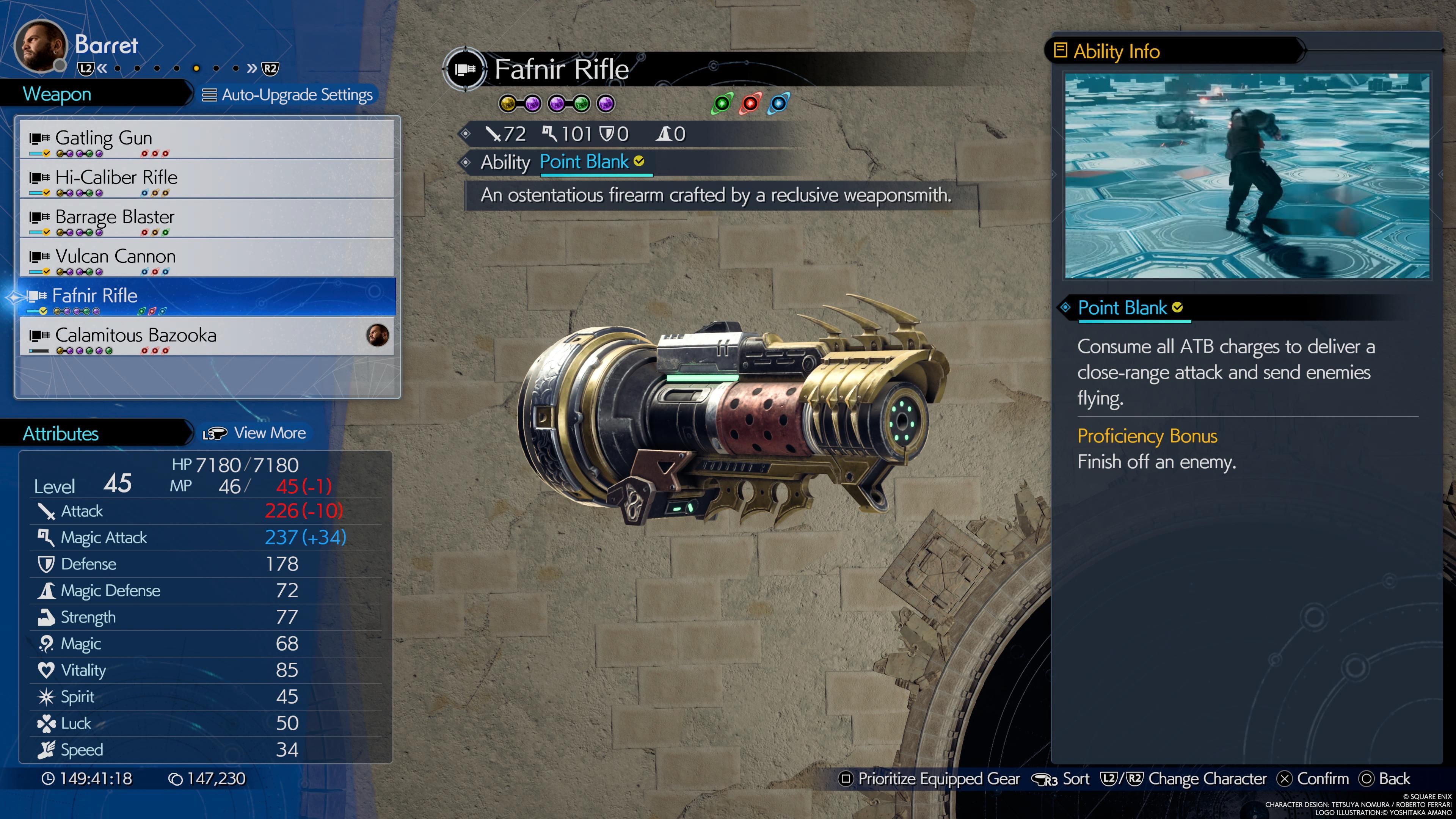 Fafnir Rifle, a gun for Barret Wallace, as seen in the menu in FF7 Rebirth