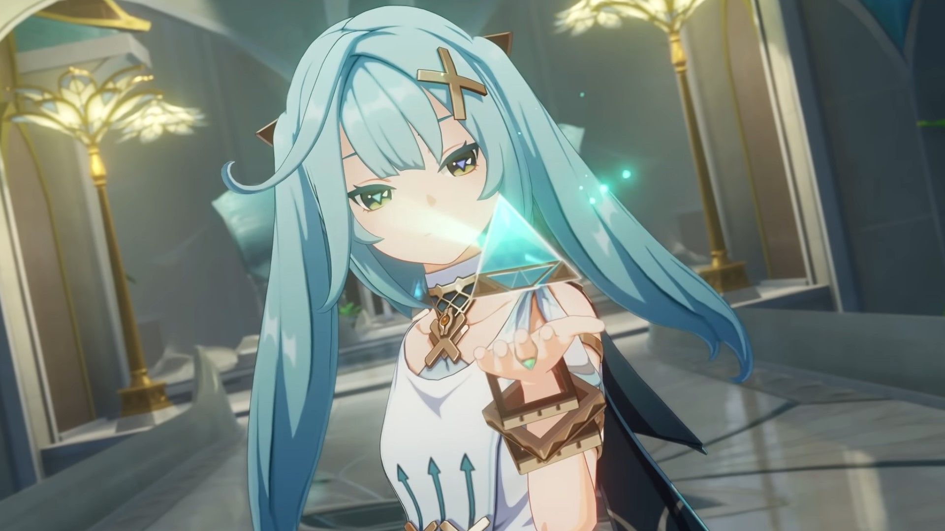 Faruzan holds a pyramid in her hand in Genshin Impact.
