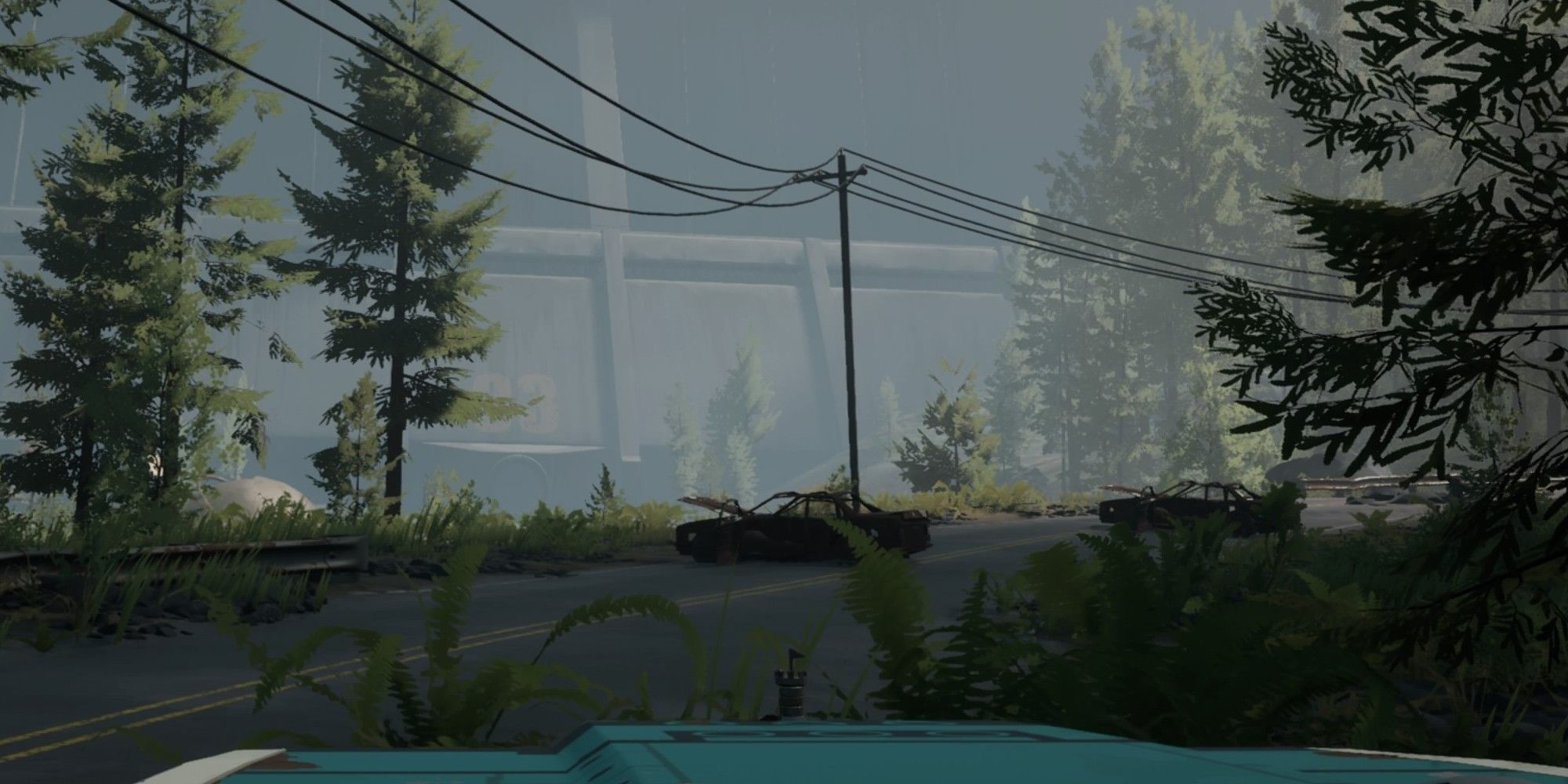 View of the Wall that cuts off the mid-zone areas from inside the player's car during the day in Pacific Drive.