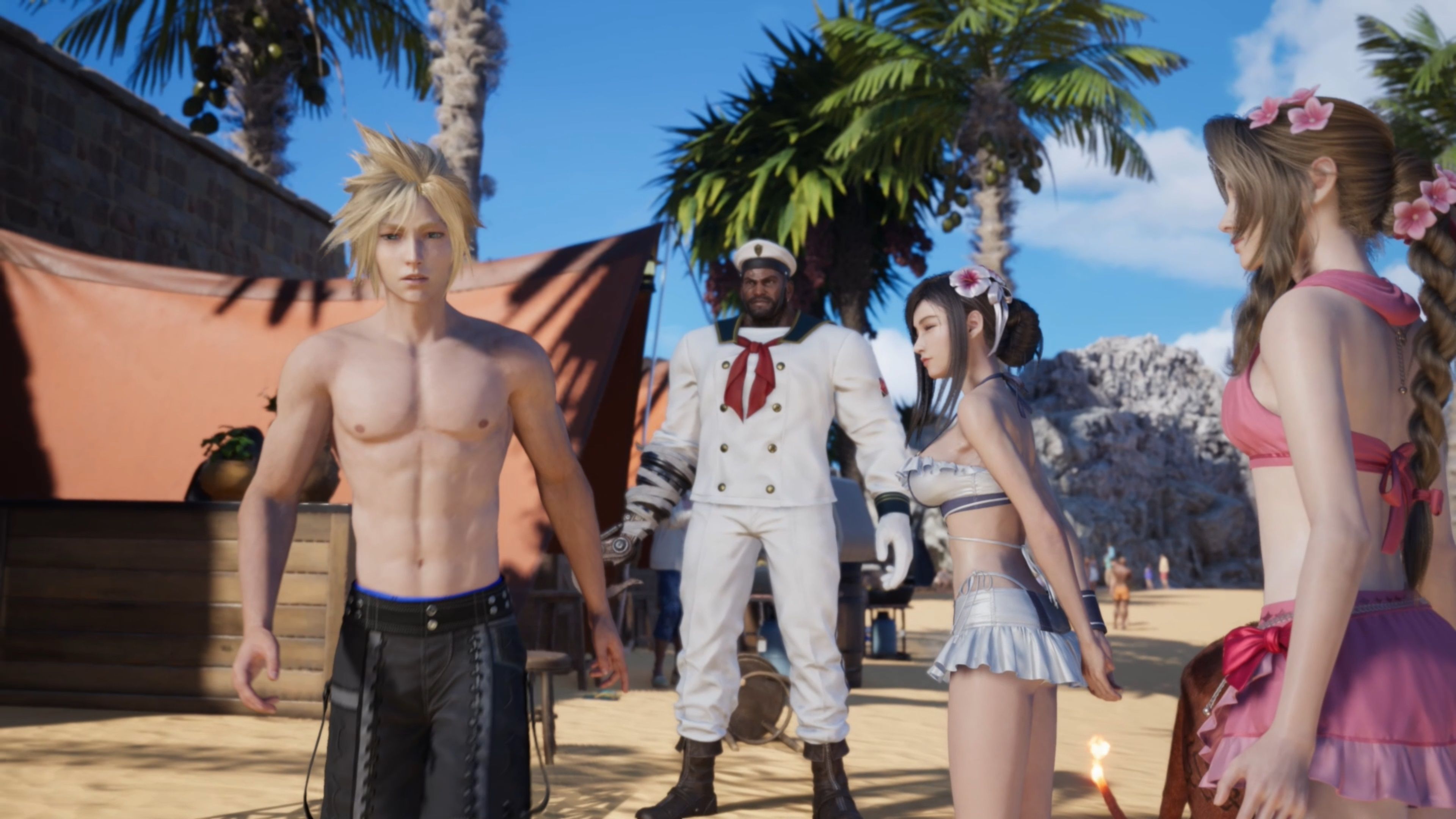 Cloud appears bashful on a beach with Barret, Tifa, and Aerith in Final Fantasy 7 Rebirth.