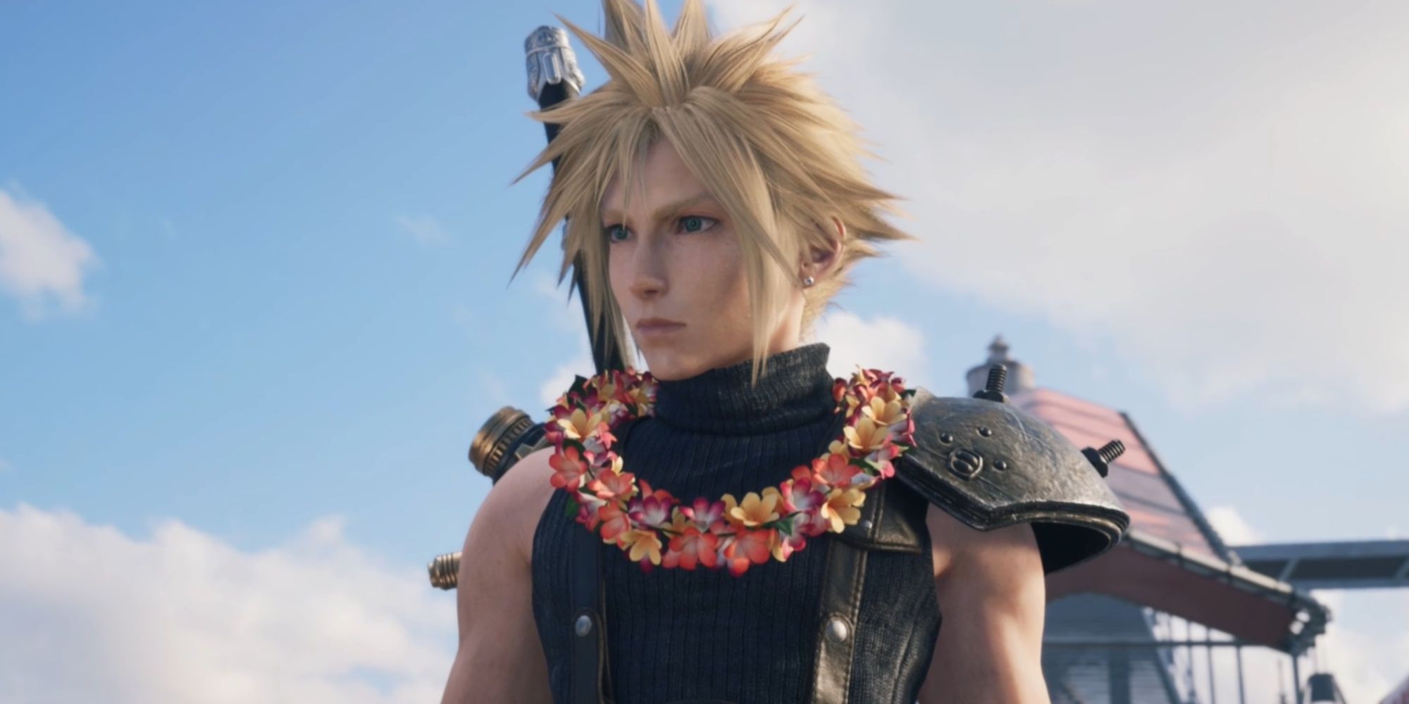 Cloud wearing a colorful orange, yellow, and pink lei upon entering Costa Del Sol in Final Fantasy 7 Rebirth