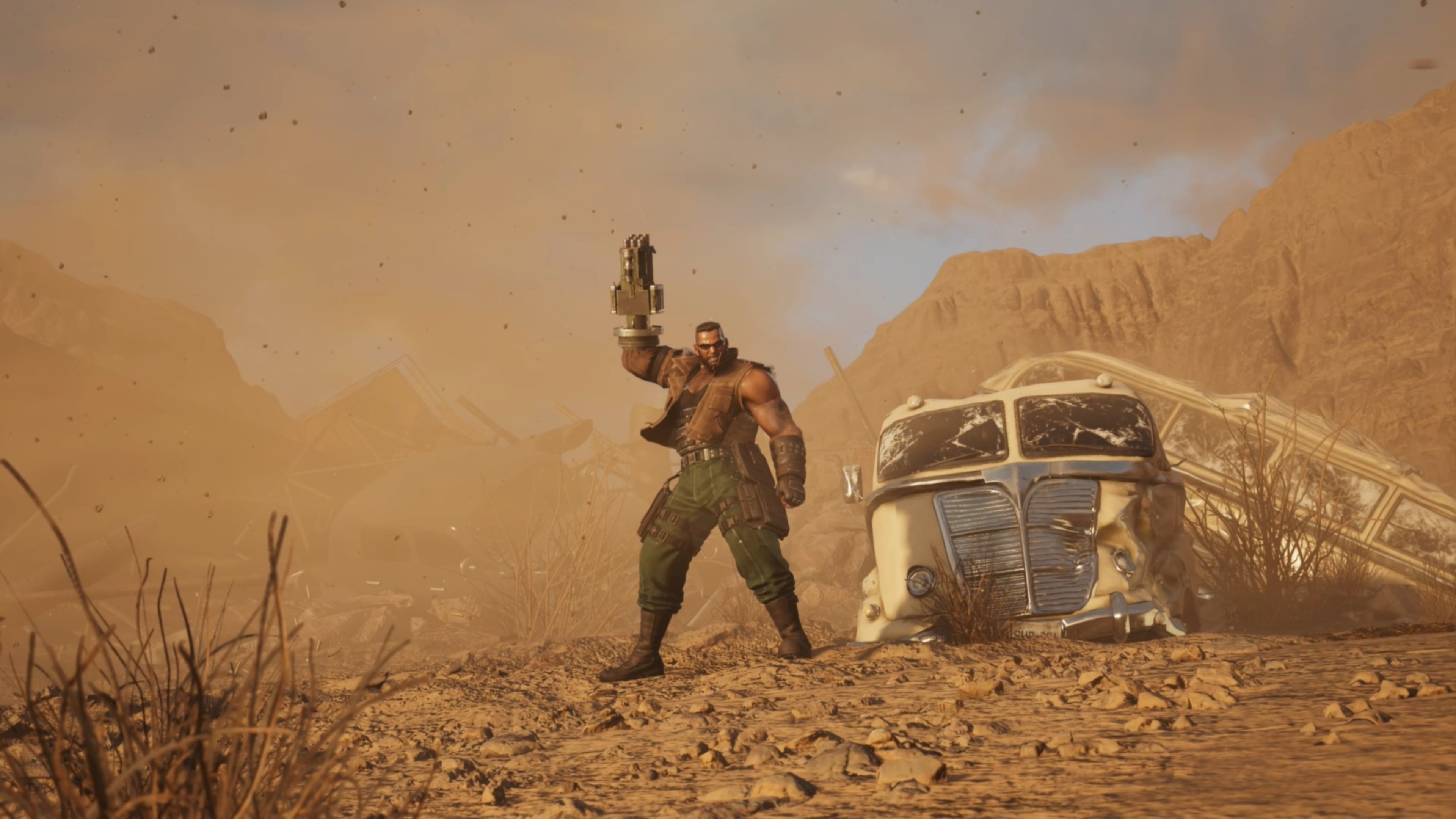 Barret standing on a desert area next to a crashed down vehicle.