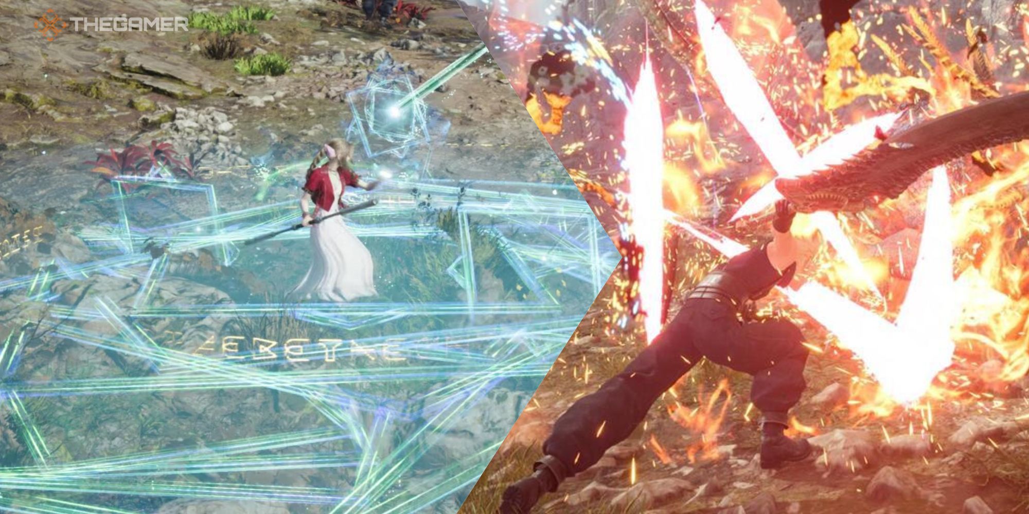 A collage of images from Final Fantasy 7 Rebirth, showcasing Aerith using her Ward Ability and Cloud performing his Limit Break
