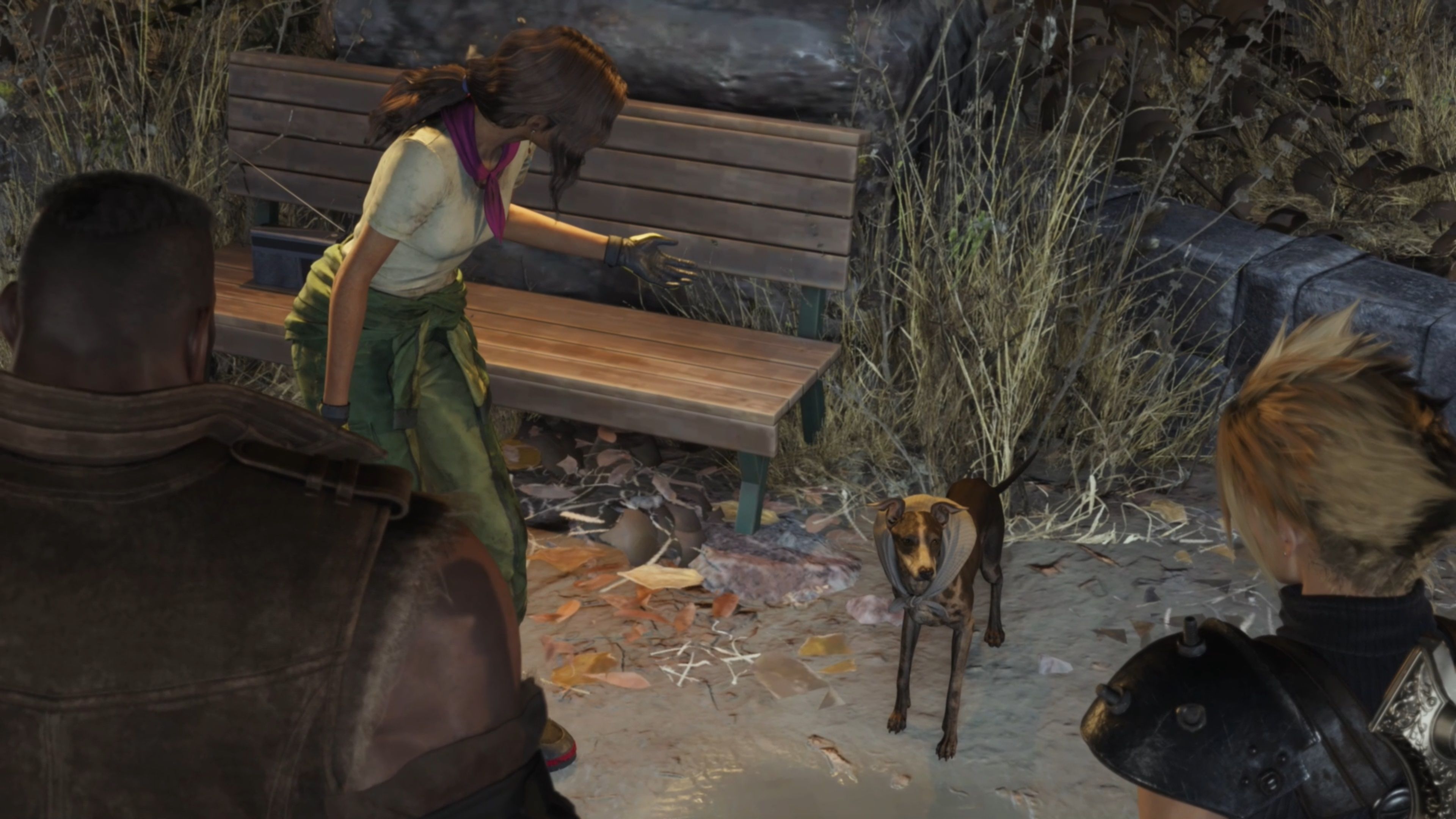 Rhonda talking to her dog, Salmon, in Final Fantasy 7 Rebirth
