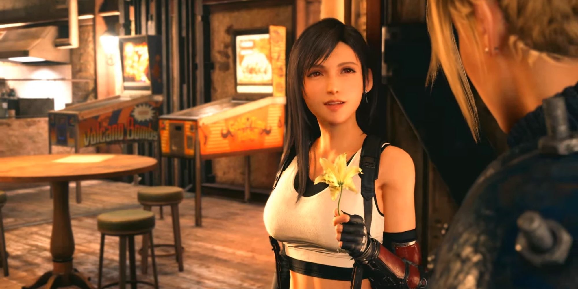 Final Fantasy 7 Remake Chapter 3 Tifa holds a yellow flower