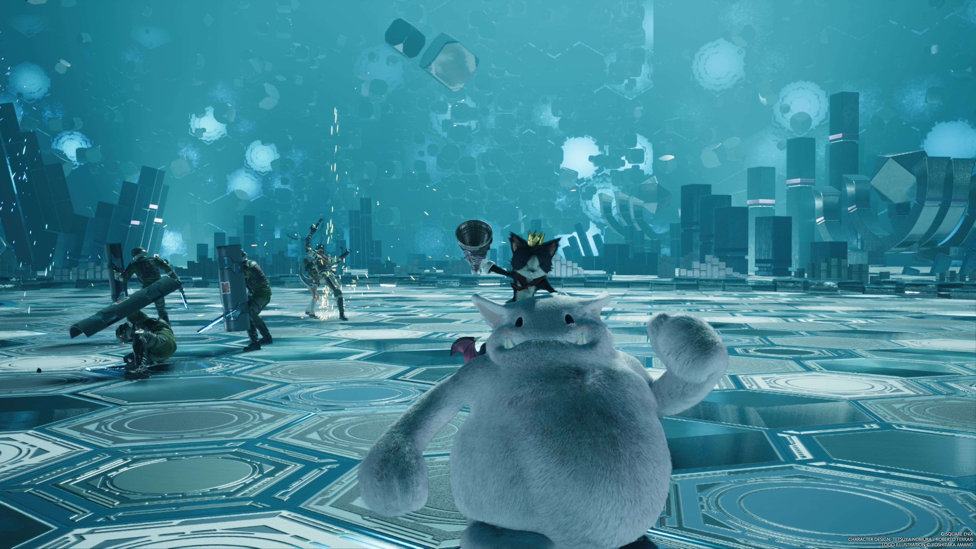 FINAL FANTASY VII REBIRTH Cait Sith Riding His Moogle while Shinra soldiers battle in the background