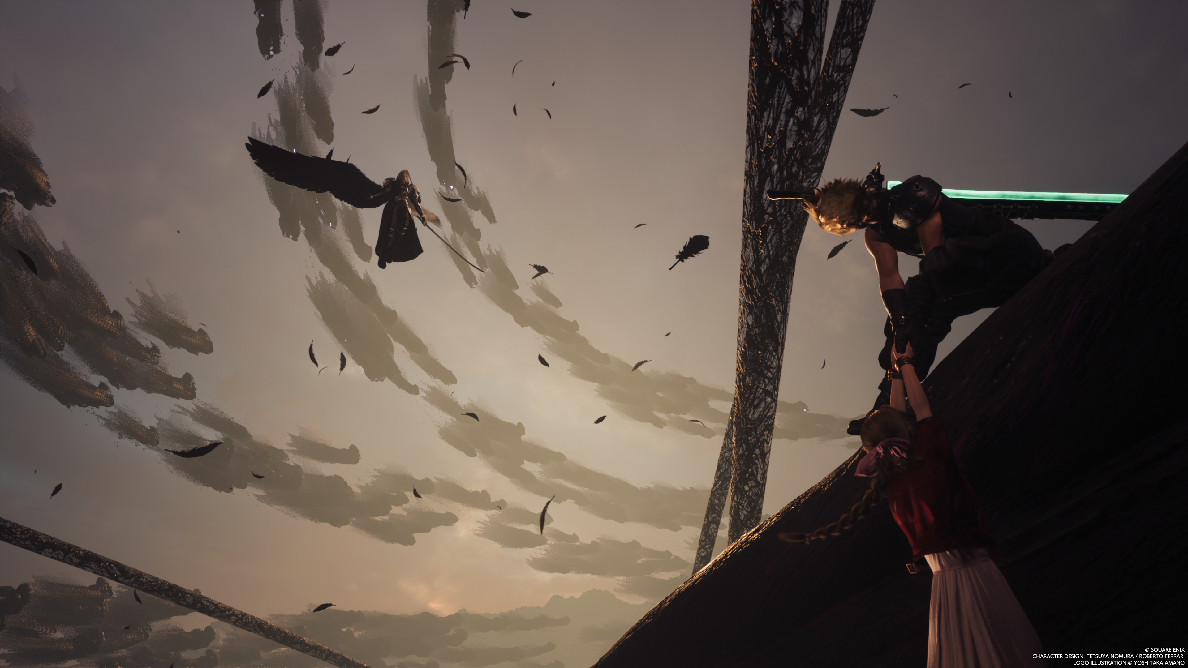 Final Fantasy 7 Rebirth - Cloud hanging onto Aerith while Sephiroth looms overhead