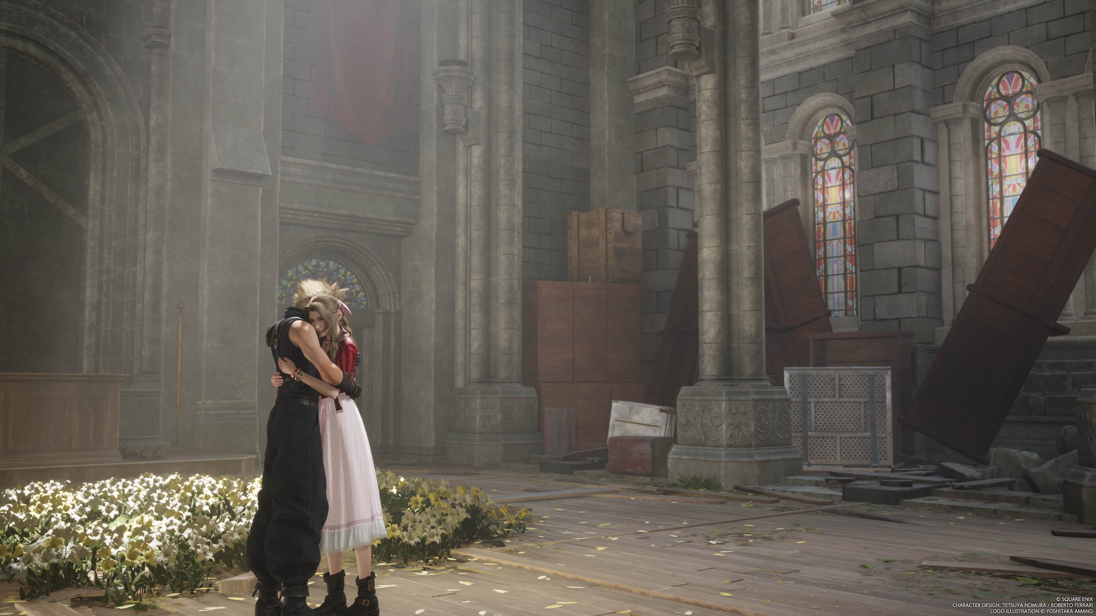 Final Fantasy 7 Rebirth - Cloud And Aerith hugging in the church