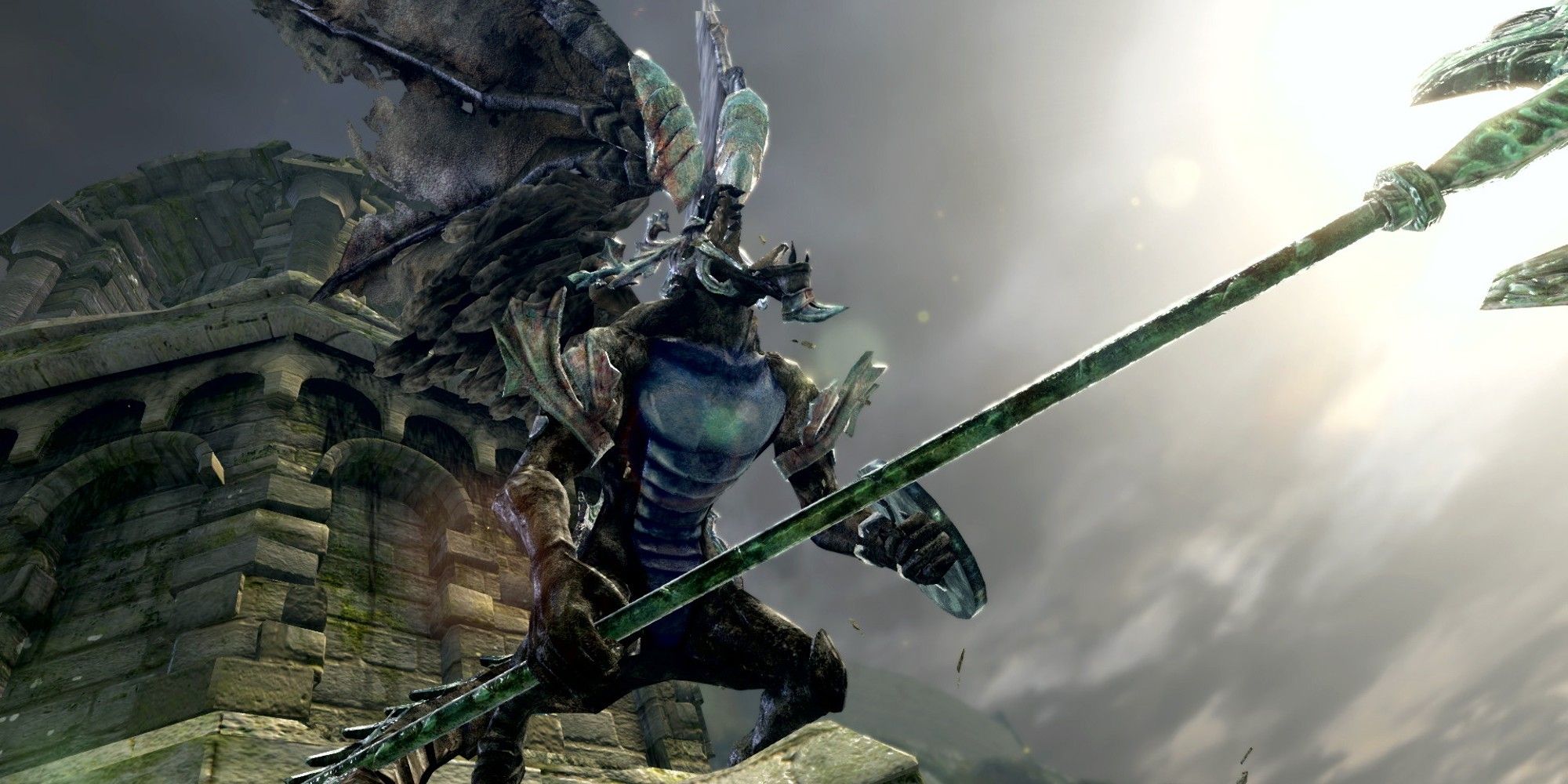 Flying monster holding a large spear on top a castle wall.