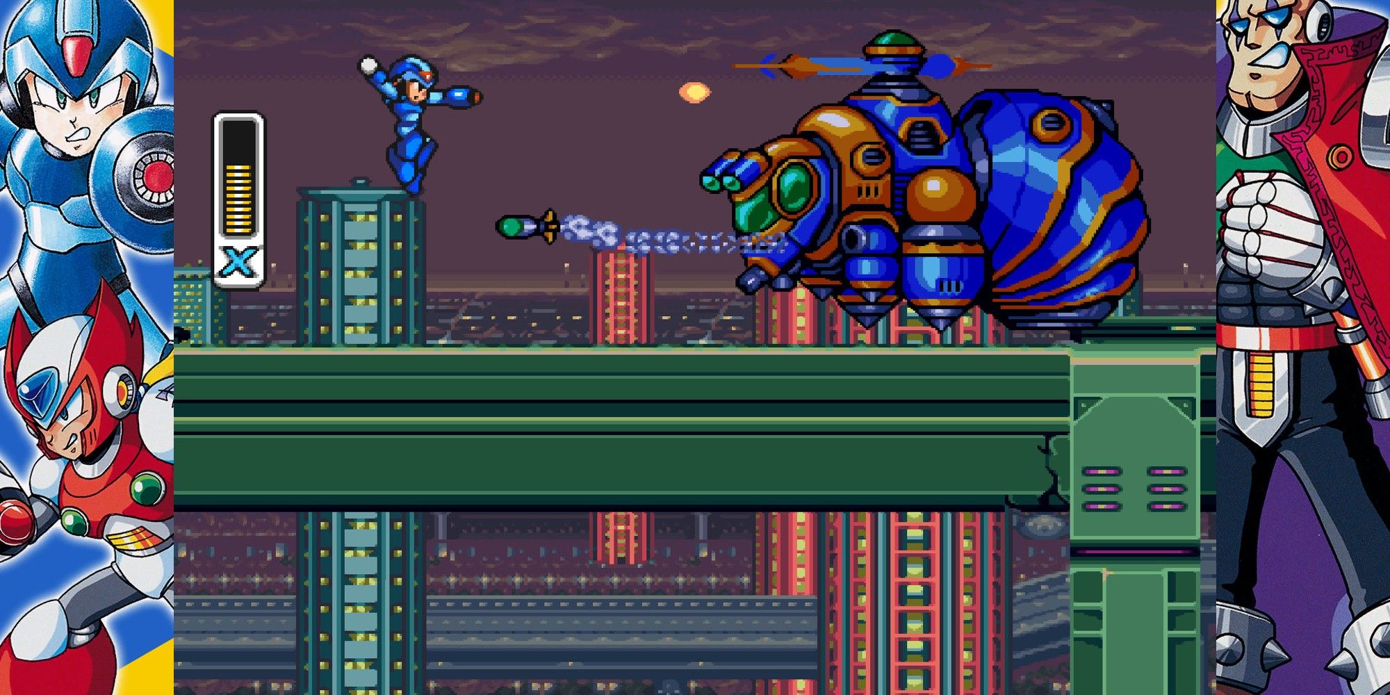 X fighting a robotic bee in a city.