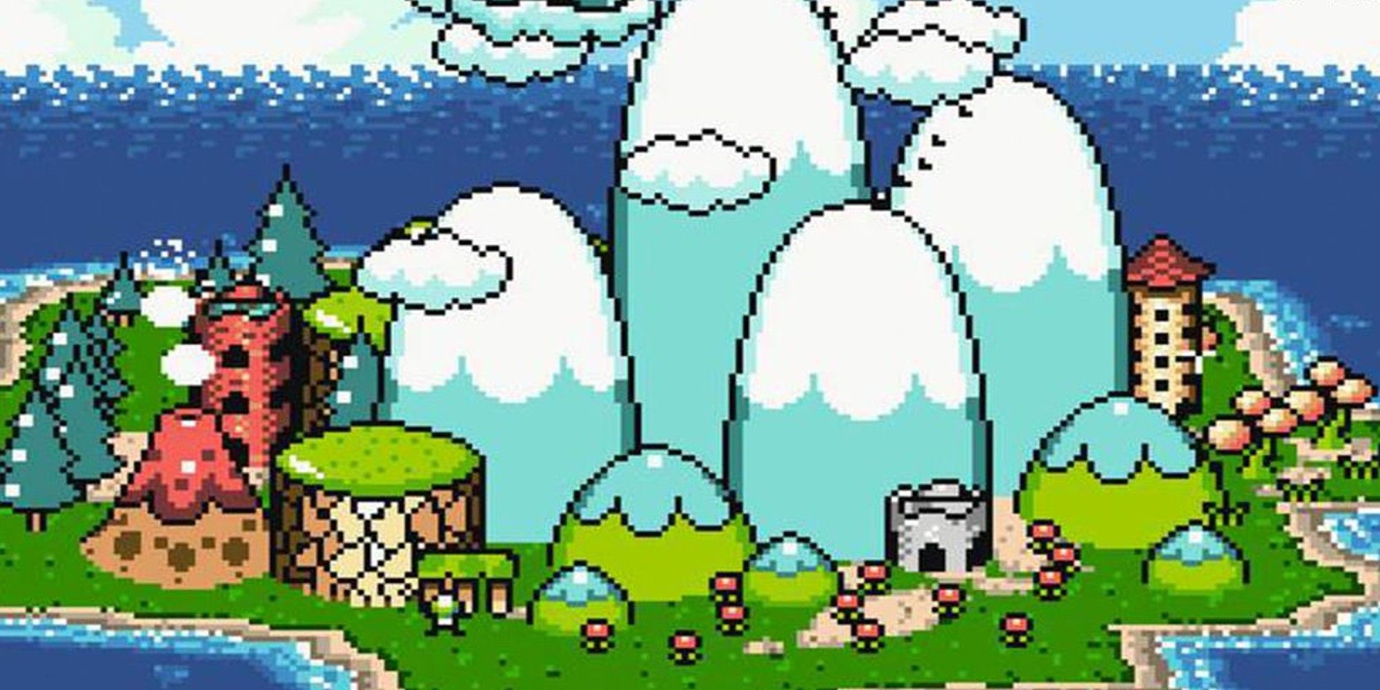 Yoshi's Island shown with mountains, forests, and castles.