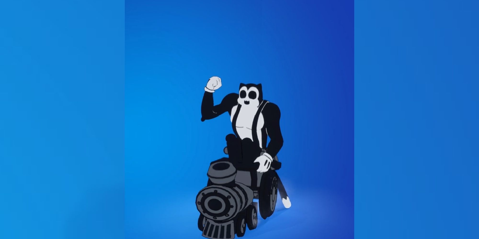 An image from Fortnite of the Chugga-Chugga Emote, which allows you to drive around in an animated train and add other players to your line. 