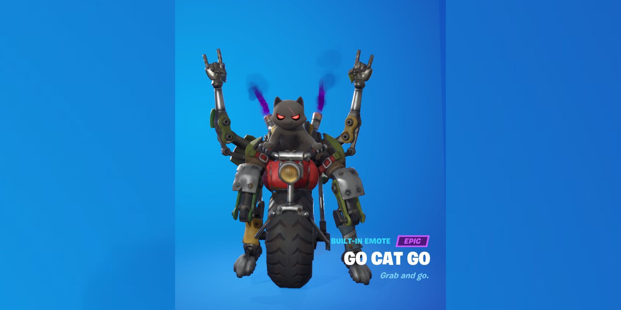 An image from Fortnite of the Go Cat Go emote. This emote can only be used while using the Cat Mech skin, and transforms the skin into a motorcycle that the cat controls.