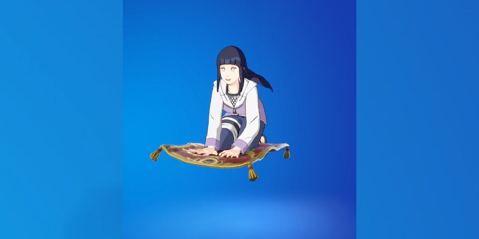 An image from Fortnite of the Lil' Carpet Ride Emote, which lets your character fly around the map slowly on a magic carpet. 
