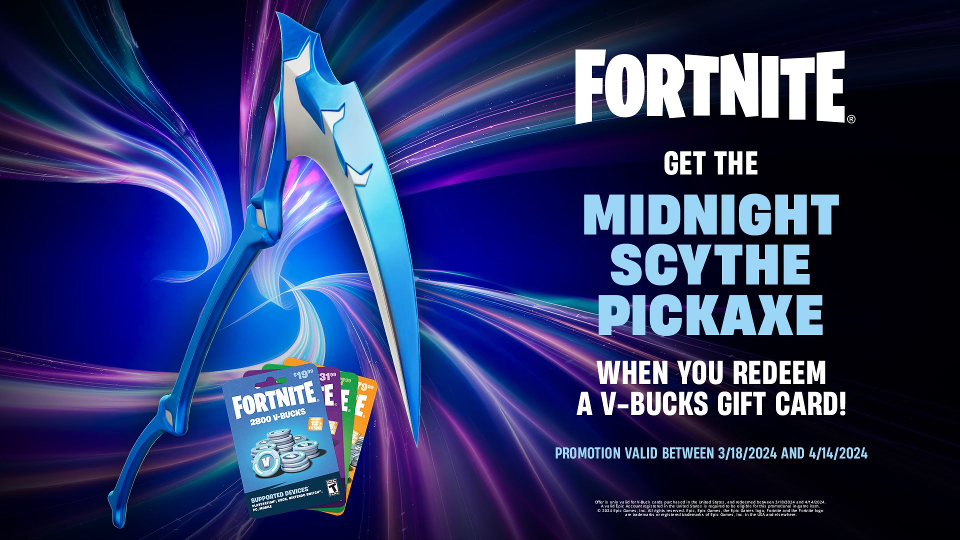 A promotional image of the Midnight Scythe Pickaxe alongside physical V-bucks cards, with the image stating the promotion is running from March 18 to April 14, 2024.