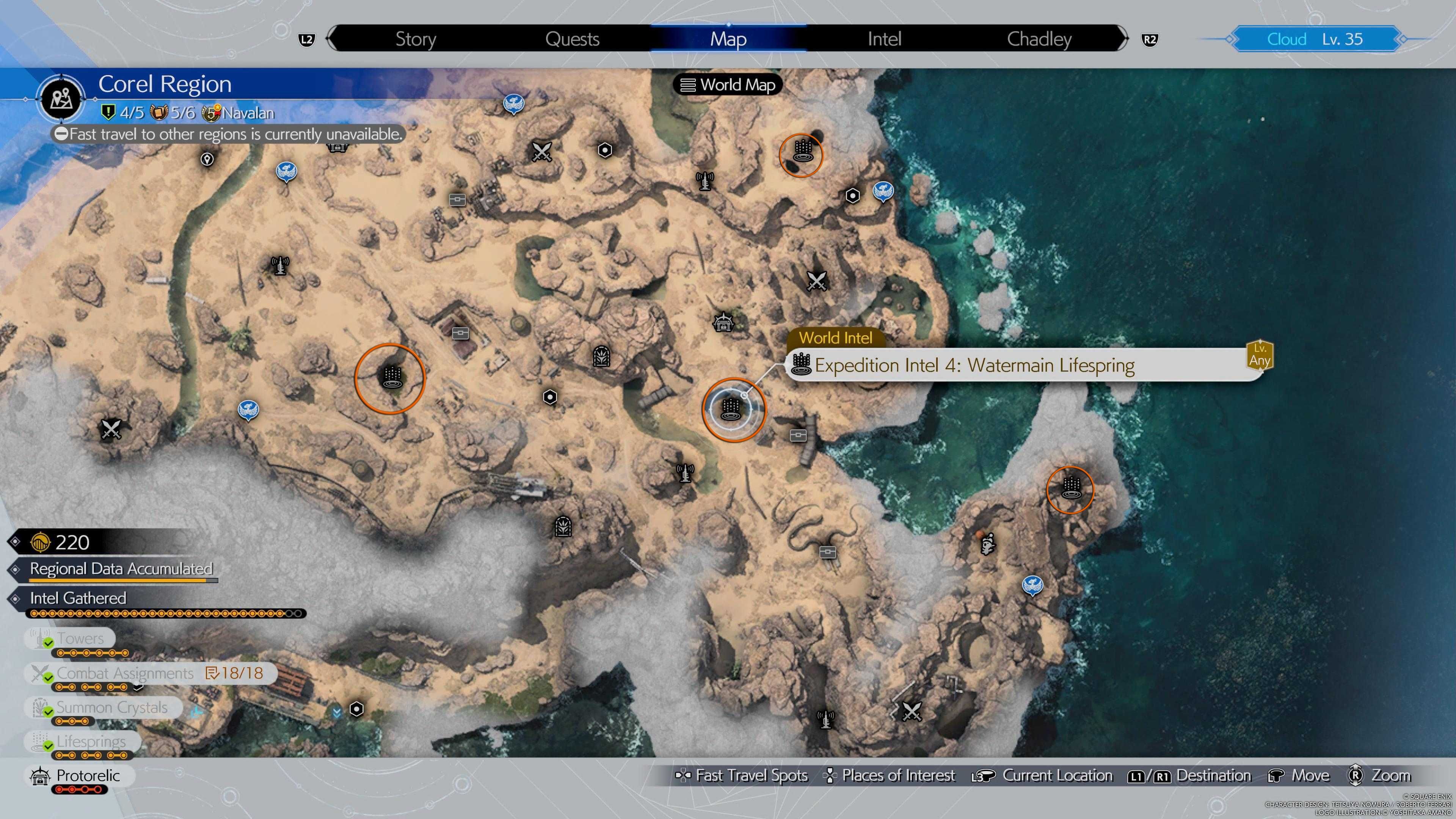 Four circles indicating the locations of the Lifesprings on the map - FF7 Rebirth