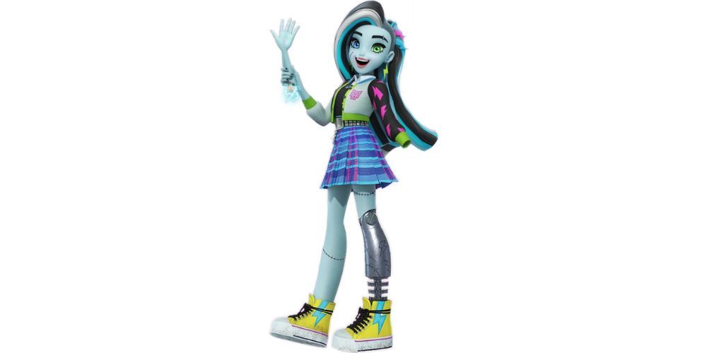Frankie Stein Holding Her Arm In Hand Wearing Checkered Skirt And Yellow Shoes