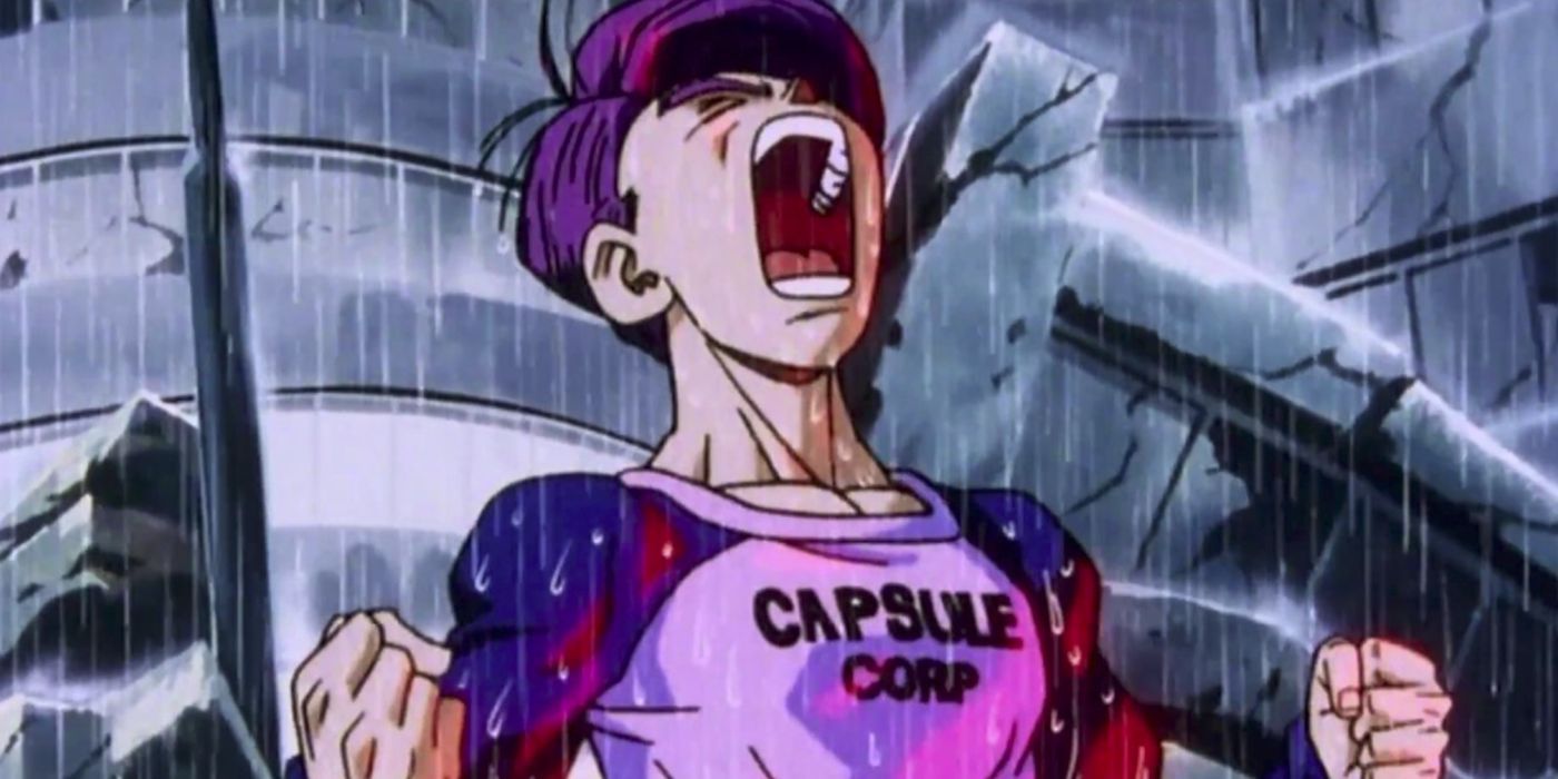 Future Trunks stands in the rain, screaming.