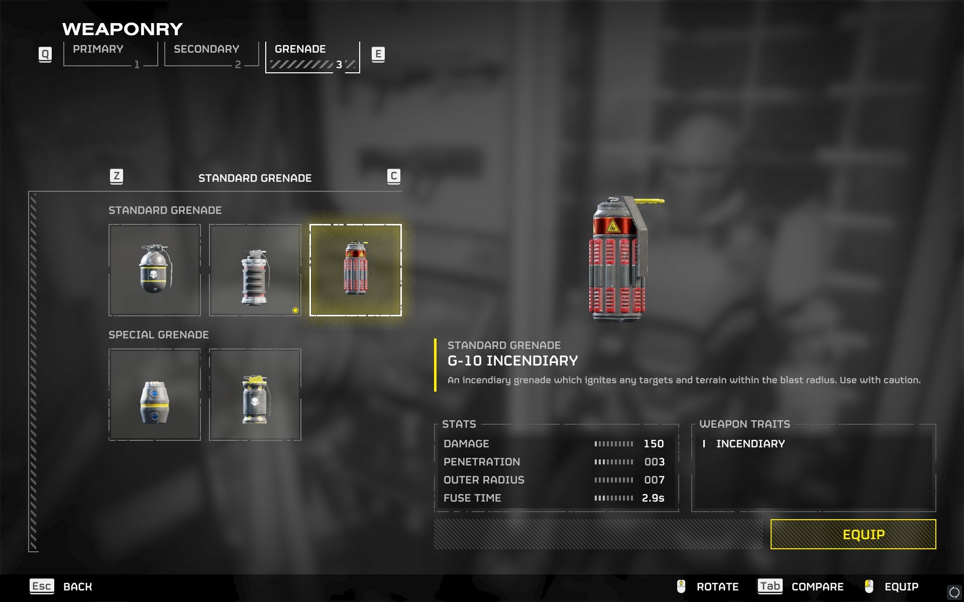 G-10 Incendiary grenade showcase in Helldivers 2