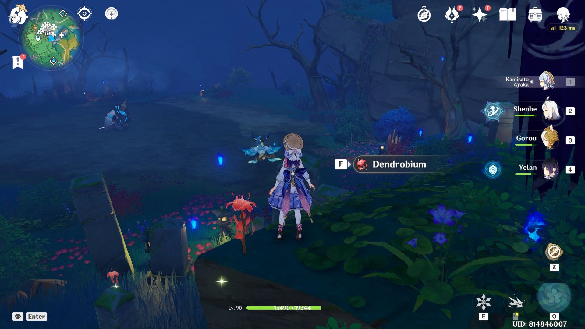 Ayaka standing close to a Dendrobium in Genshin Impact. 