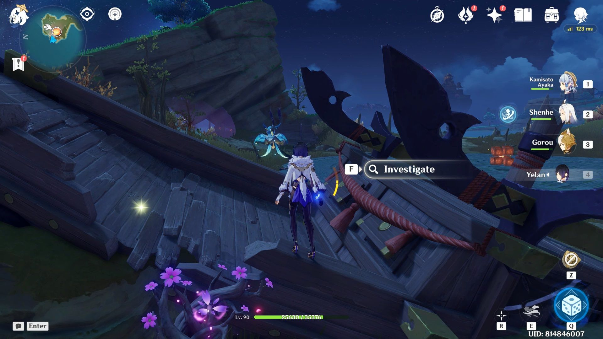 Yelan standing close to a Electrogranum in Genshin Impact. 