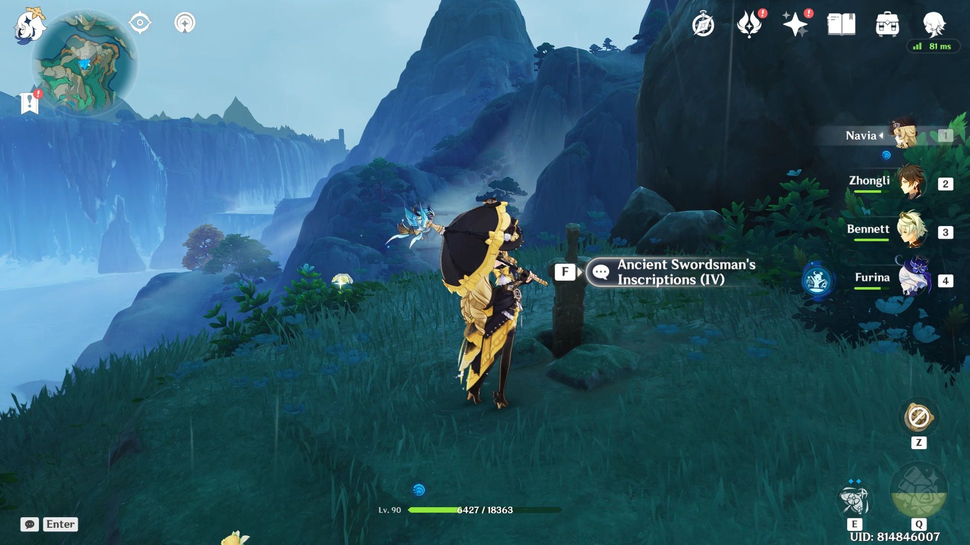 Navia standing close to a Lost Swords Of Guhua in Chenyu Vale in Genshin Impact.