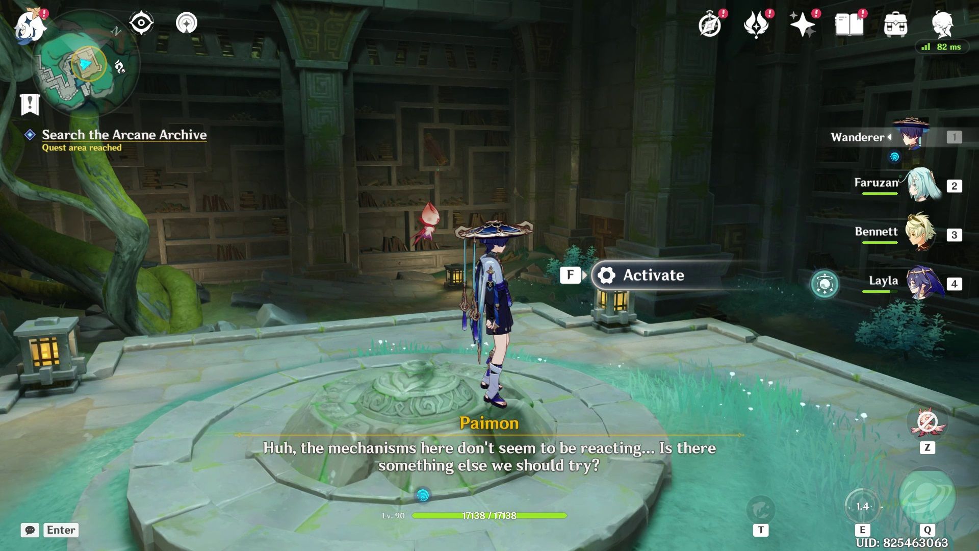 Wanderer standing close to a ancient stone mechanism in Genshin Impact.