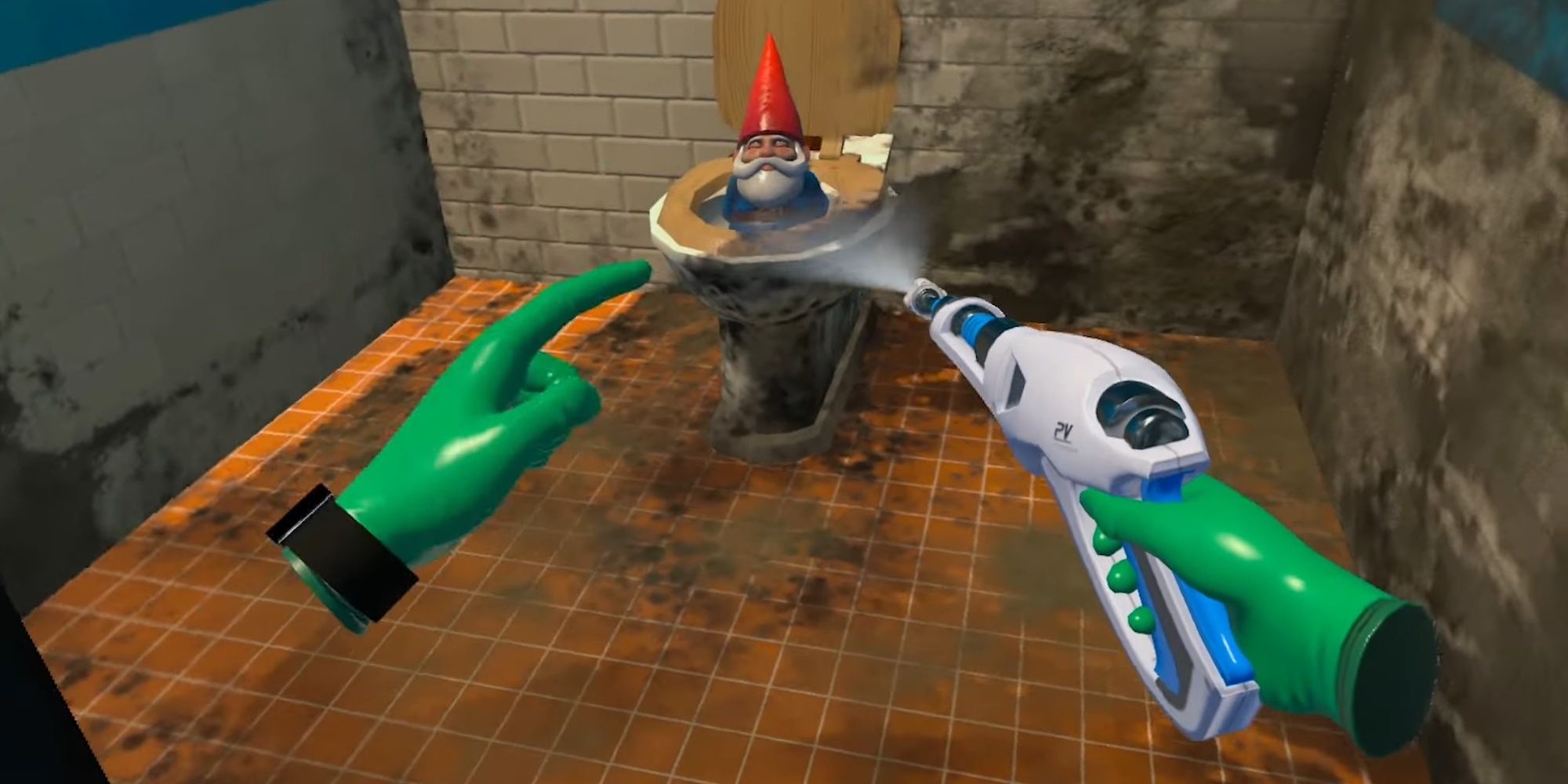 PowerWash Simulator VR: Spraying A Gome That's Placed Inside A Toilet