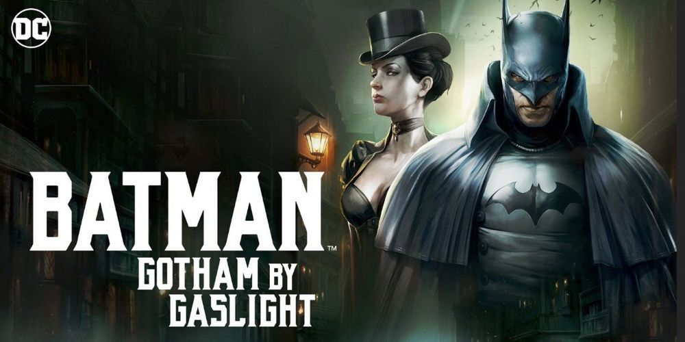 Batman and Catwoman are dressed in Victorian outfits in front of a gaslamp.