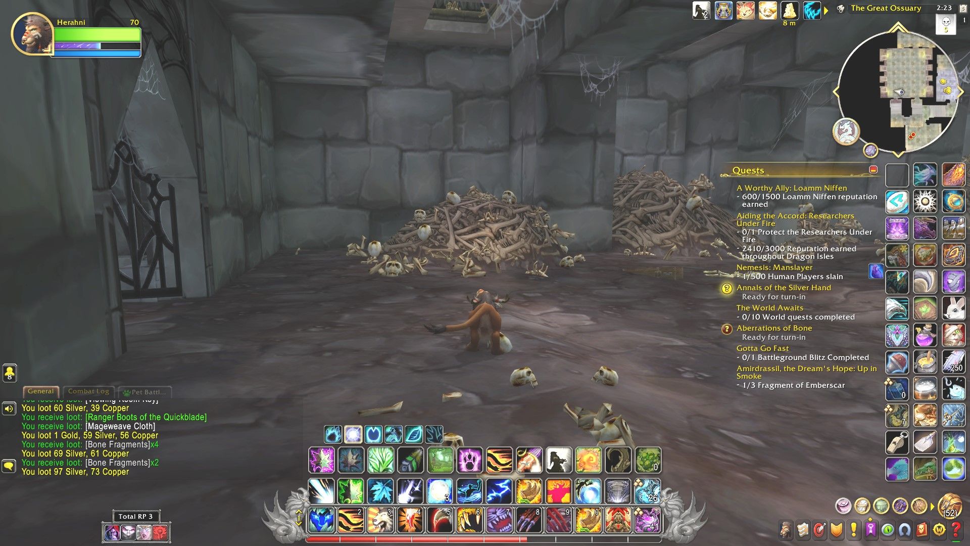 A highmountain tauren druid in the form of a cat looking at a pile of bones in the Great Ossuary of the Scholomance dungeon