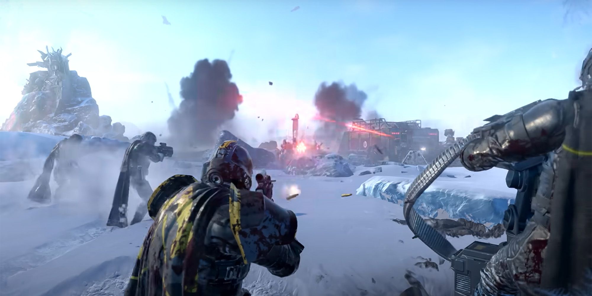 The Helldivers shooting enemies in a snowy environment in Helldivers 2