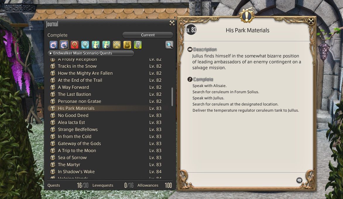 His Park Materials in the Final Fantasy 14 quest log.