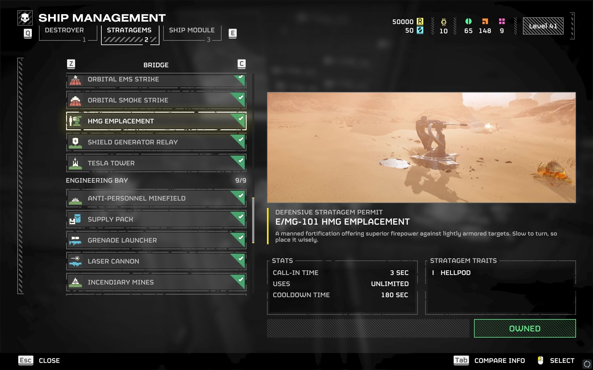 HMG Emplacement defensive stratagem selection in Helldivers 2