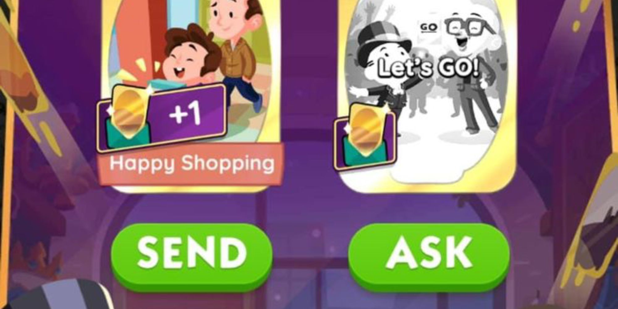 Happy shopping and Let's Go stickers in Monopoly Go, with the Golden Blitz active