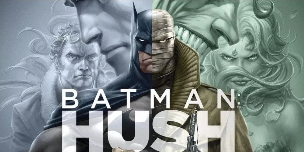 Batman and Hush are set next to each other, split down the middle and behind them are the Joker and Superman in profile, and Thomas Elliot and Poison Ivy facing the camera.