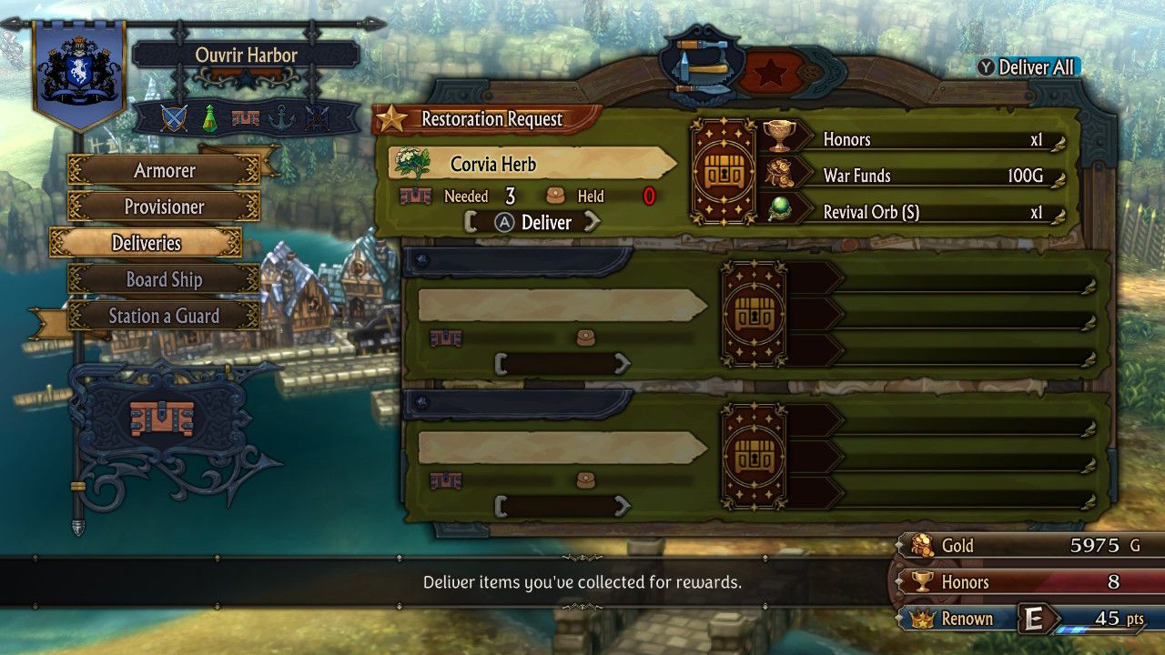 The Request Board for Ouvrir Harbor in Unicorn Overlord