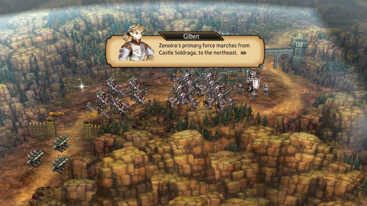 A screenshot of Gilvert from Unicorn Overlord commenting on the enemy formation