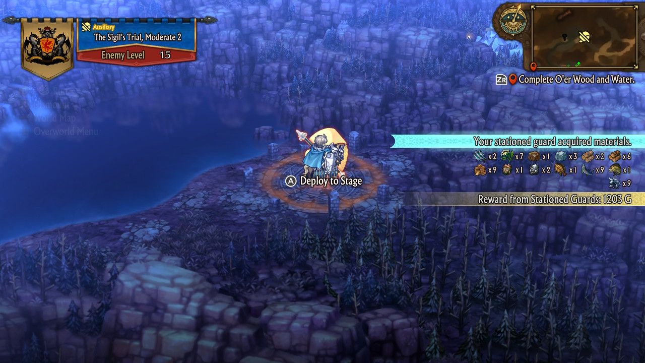 A screenshot of Unicorn Overlord showing the player receiving items from statione guards