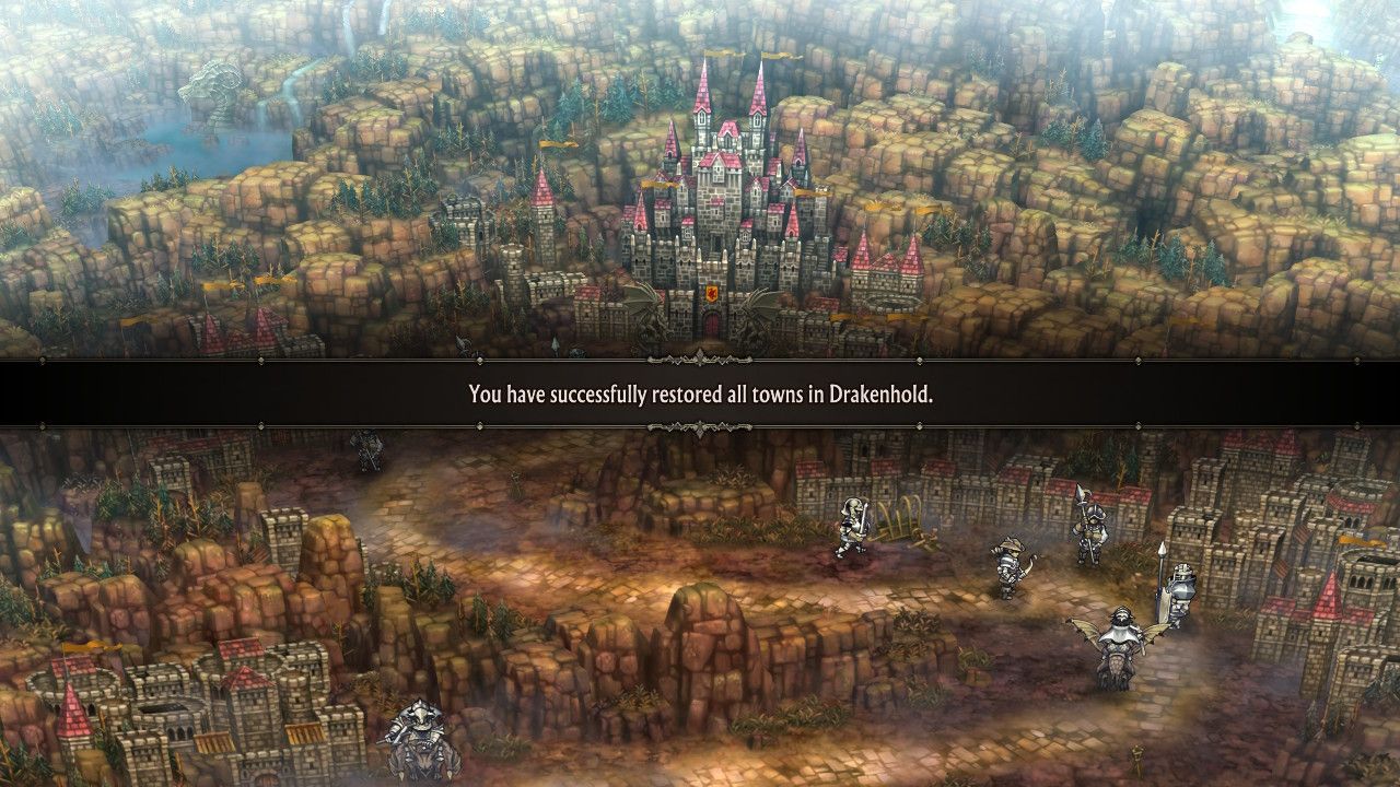 A screenshot of Unicorn Overlord showing the player has successfully resoted all town in Drakenhold