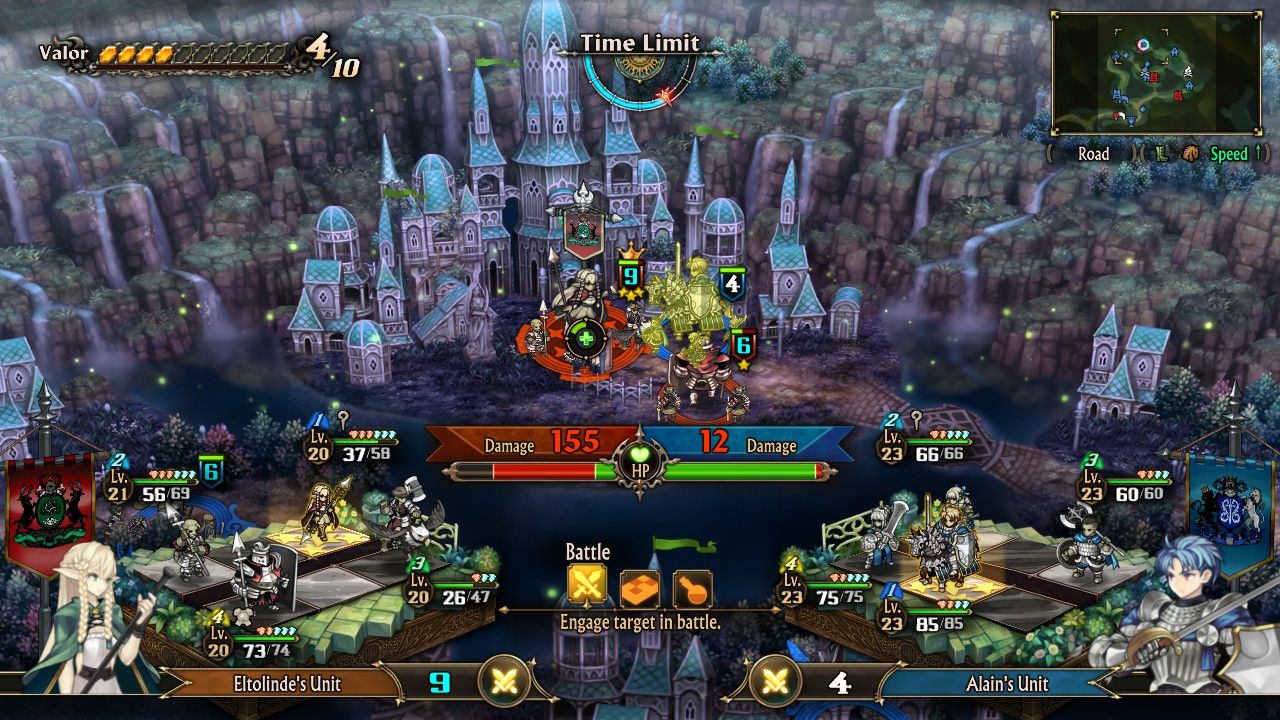 A screenshot of Eltolinde fighting Alain in Unicorn Overlord