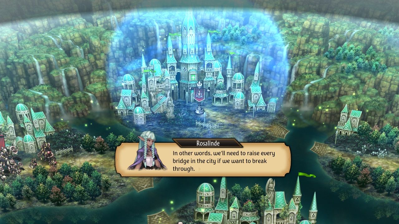 A screenshot of Rosalinde commenting on a magic barrier they need to bring down in Unicorn Overlord